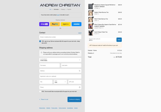 Andrew Christian checkout page showing Andrew Christian discount code box | Screenshot taken by SimplyCodes community member on Aug 27, 2025