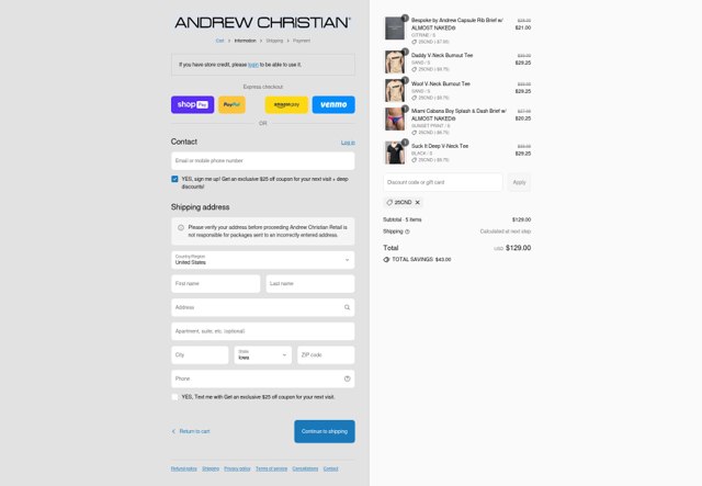 Andrew Christian checkout page showing Andrew Christian discount code box | Screenshot taken by SimplyCodes community member on Aug 27, 2025