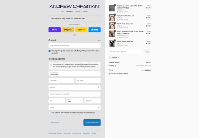 Andrew Christian checkout page showing Andrew Christian discount code box | Screenshot taken by SimplyCodes community member on Sep 9, 2025