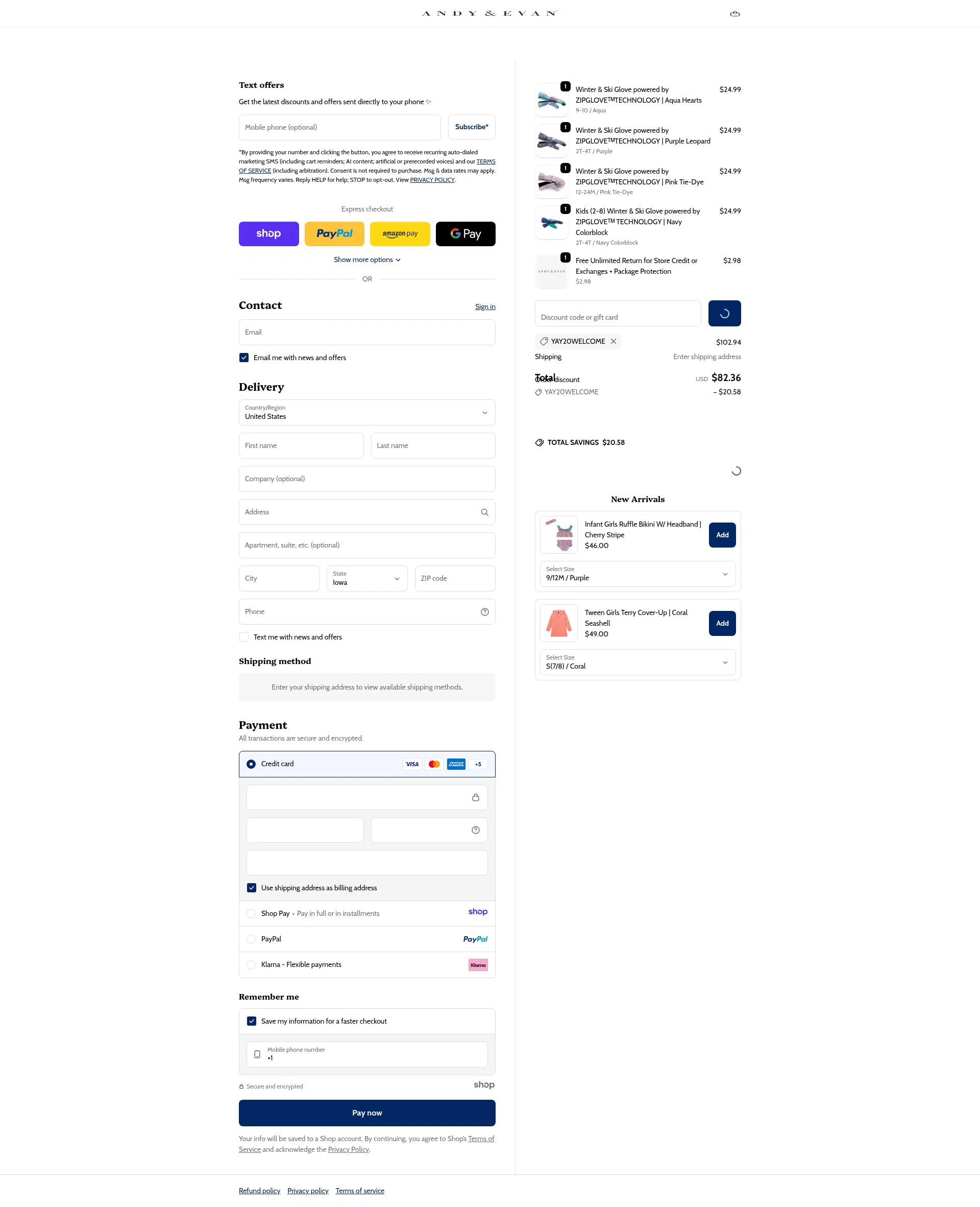 Andy & Evan checkout page showing Andy & Evan promo code box | Screenshot taken by SimplyCodes community member on Dec 26, 2025