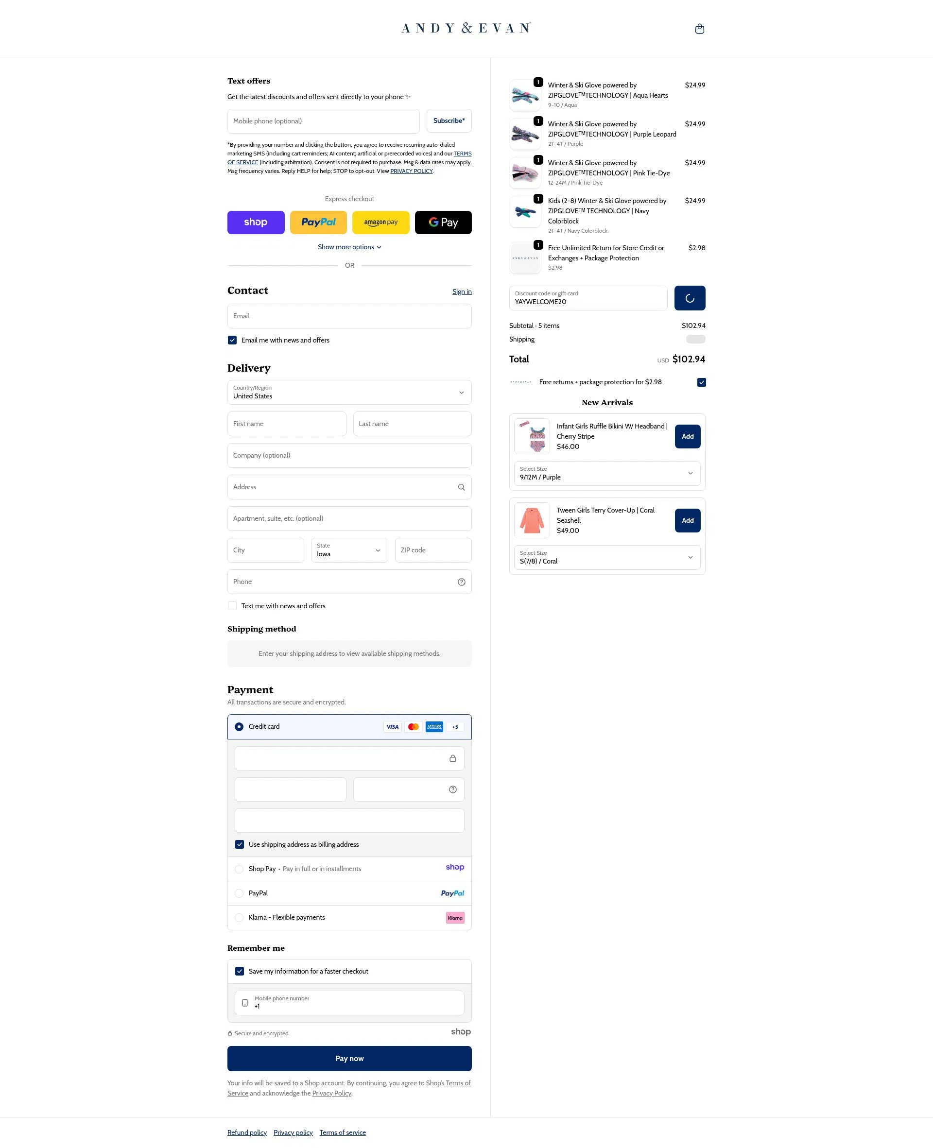 Andy & Evan checkout page showing Andy & Evan promo code box | Screenshot taken by SimplyCodes community member on Dec 26, 2025