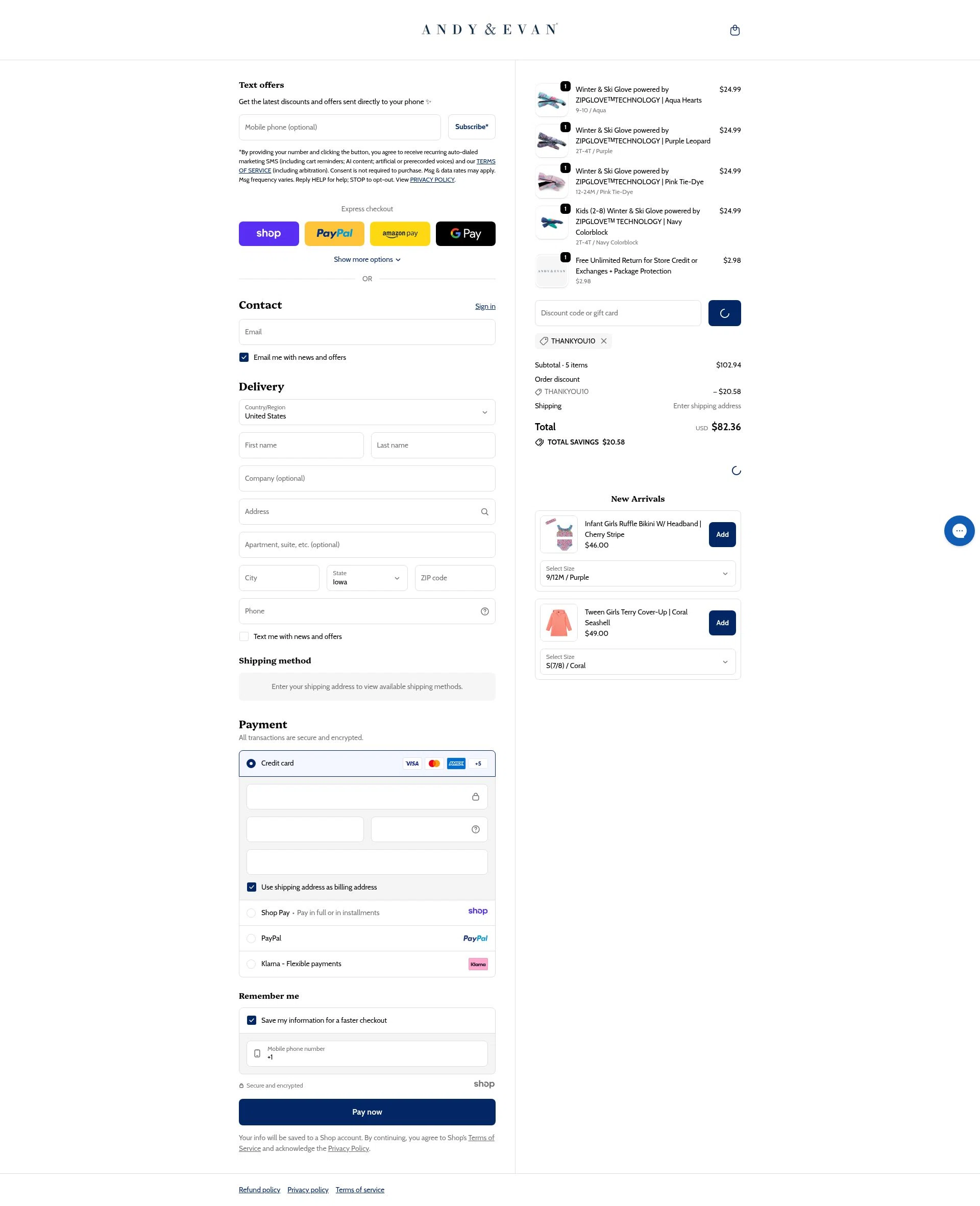 Andy & Evan checkout page showing Andy & Evan promo code box | Screenshot taken by SimplyCodes community member on Dec 26, 2025