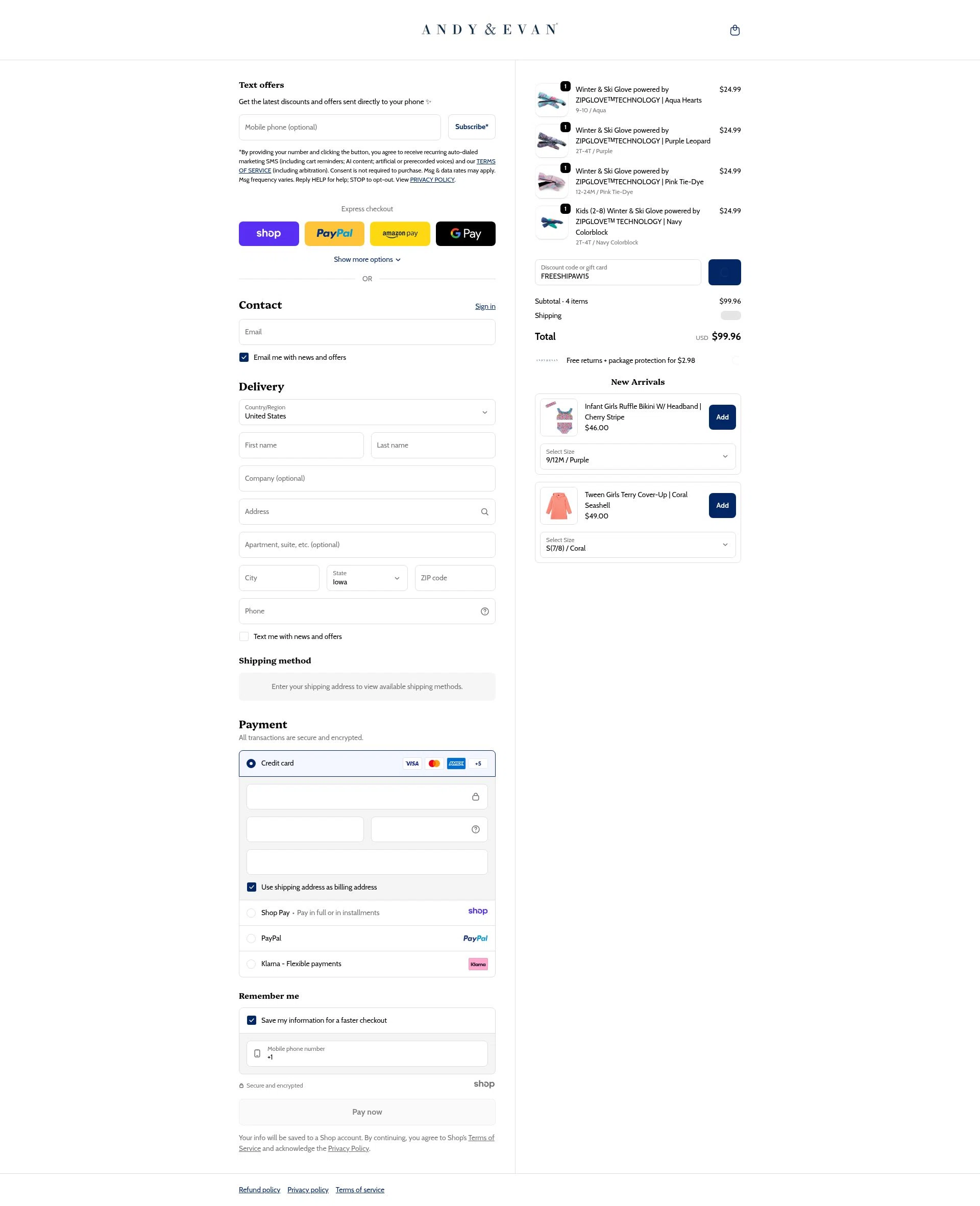 Andy & Evan checkout page showing Andy & Evan promo code box | Screenshot taken by SimplyCodes community member on Dec 26, 2025
