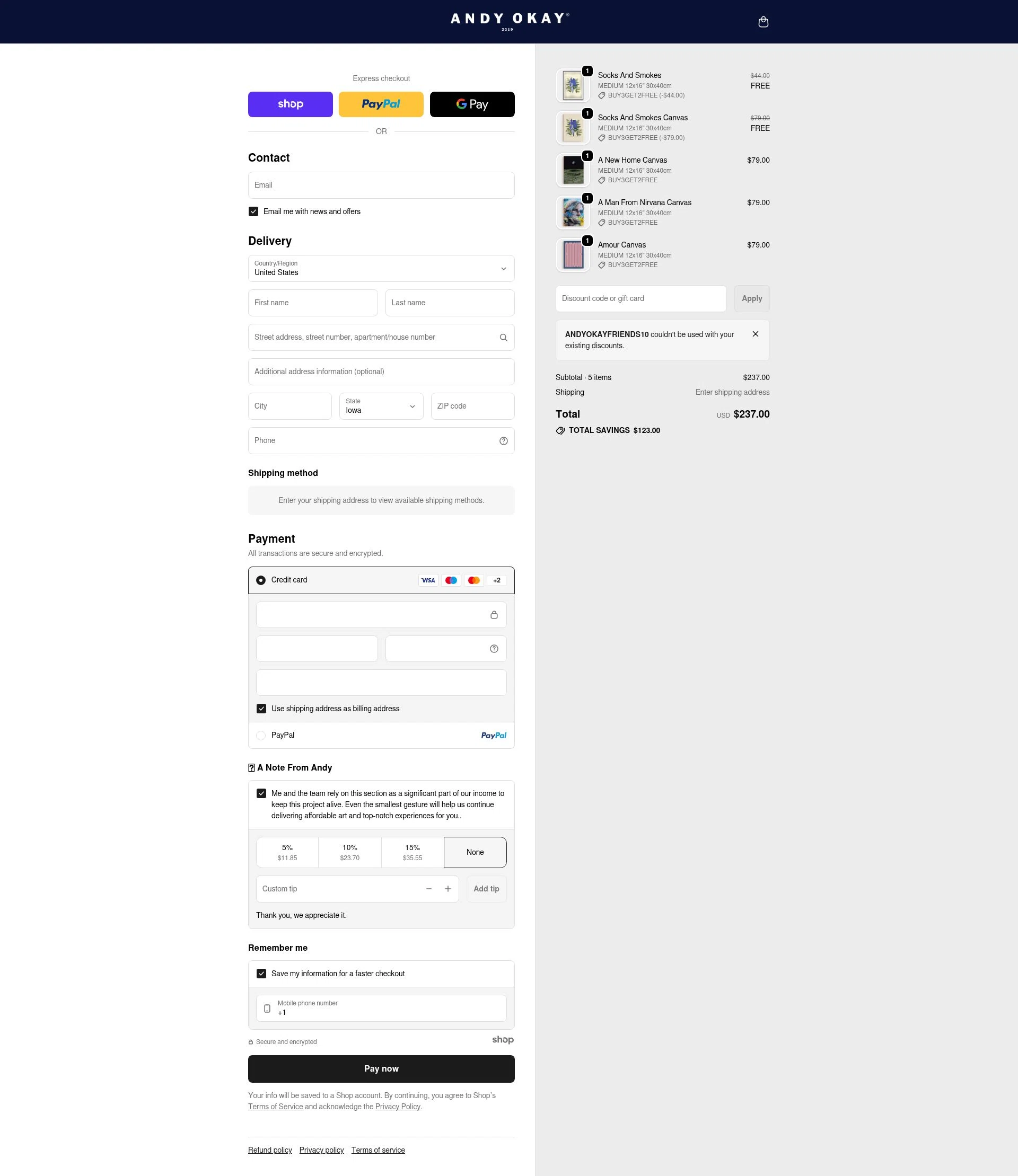Andy okay checkout page showing Andy okay discount code box | Screenshot taken by SimplyCodes community member on Jan 2, 2026