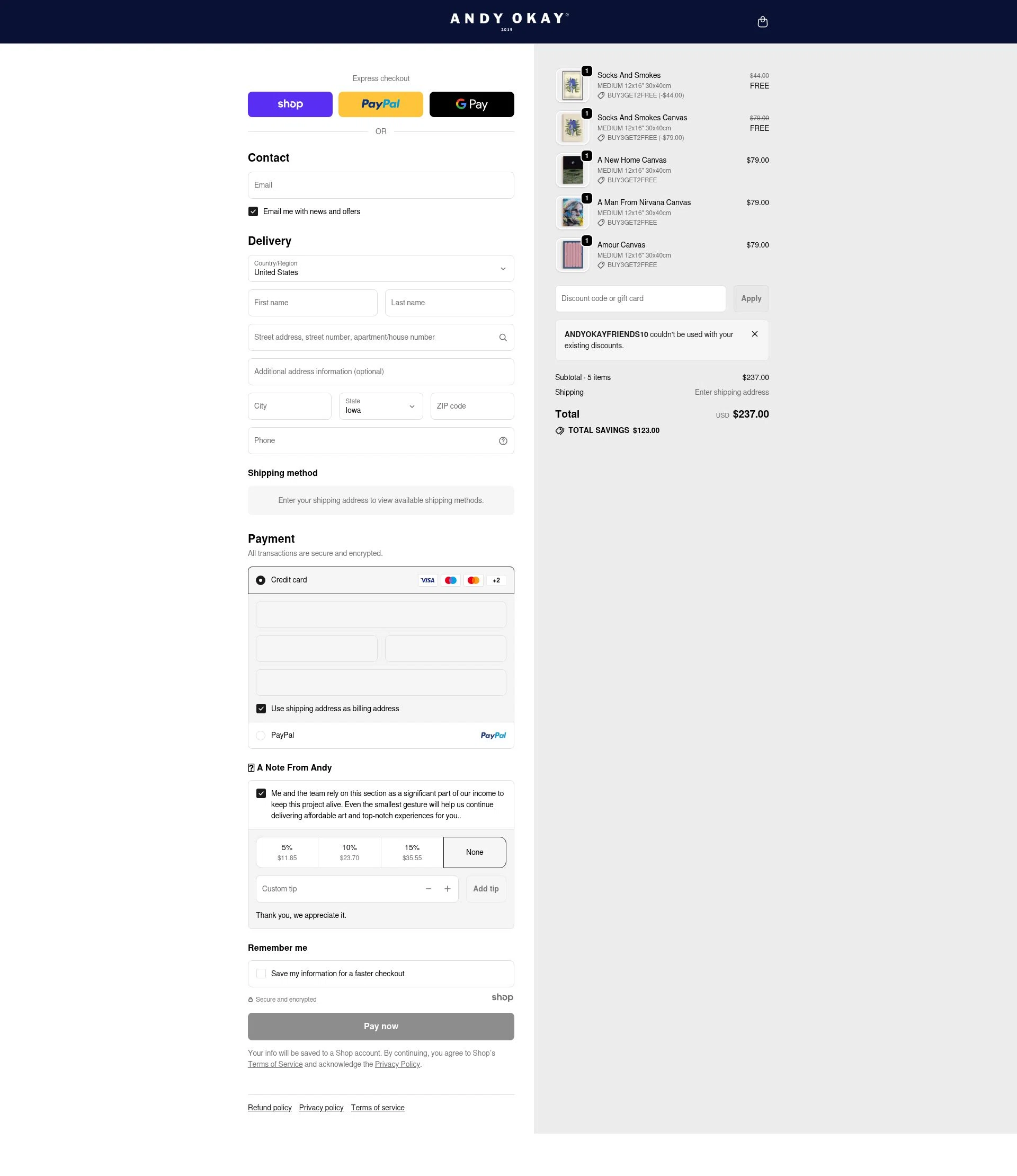 Andy okay checkout page showing Andy okay discount code box | Screenshot taken by SimplyCodes community member on Dec 23, 2025