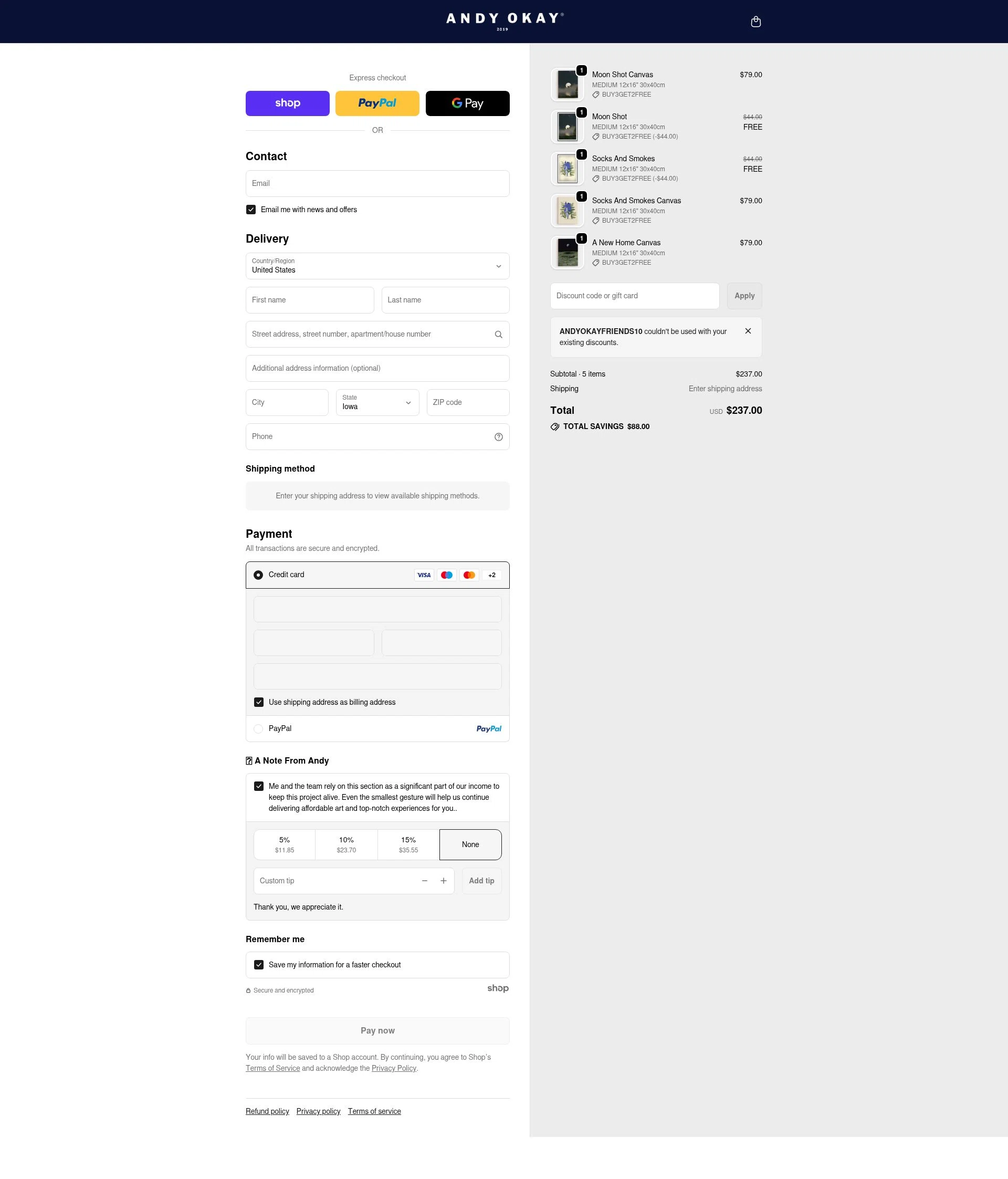 Andy okay checkout page showing Andy okay discount code box | Screenshot taken by SimplyCodes community member on Jan 22, 2026