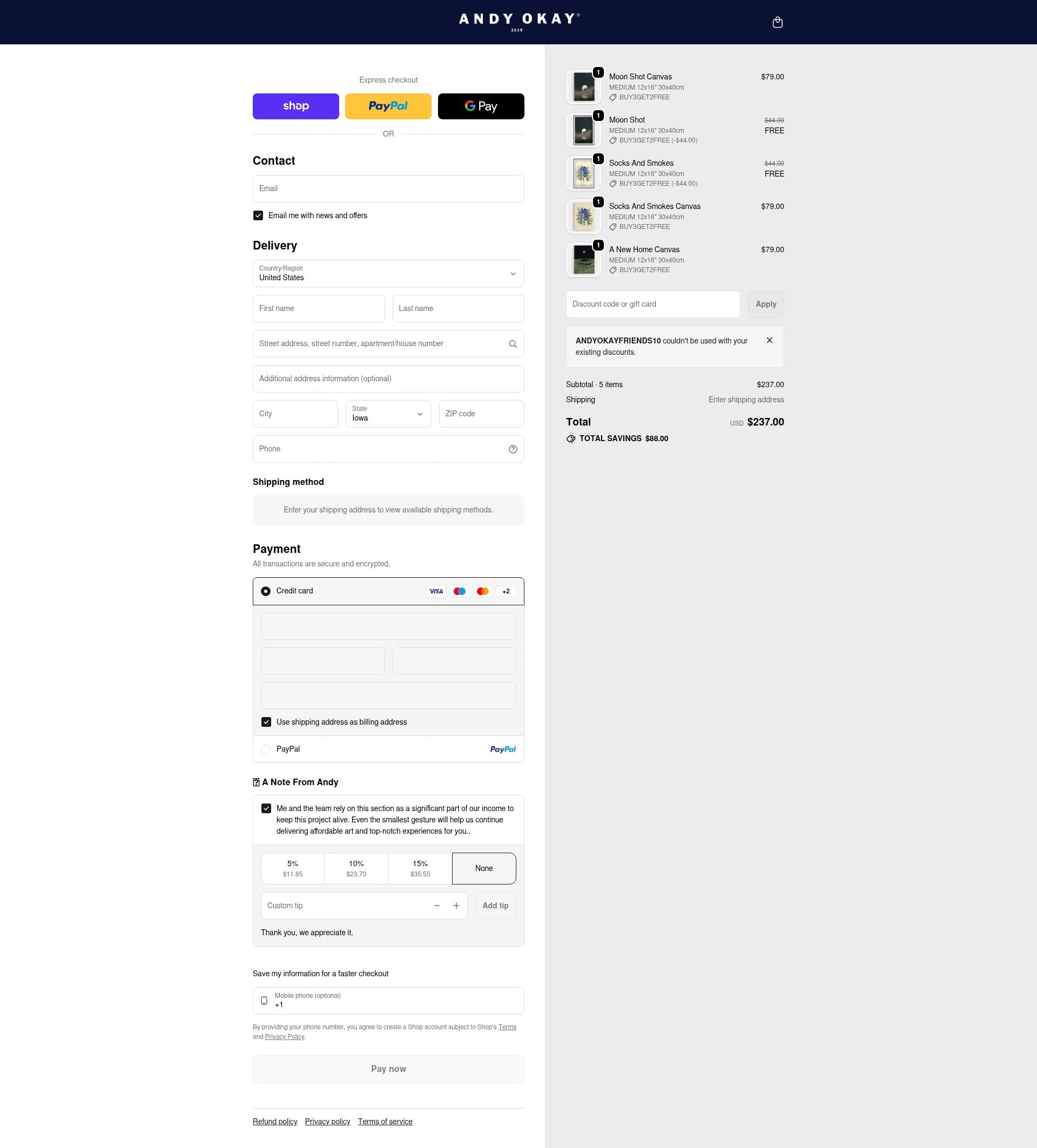 Andy okay checkout page showing Andy okay discount code box | Screenshot taken by SimplyCodes community member on Jan 17, 2026