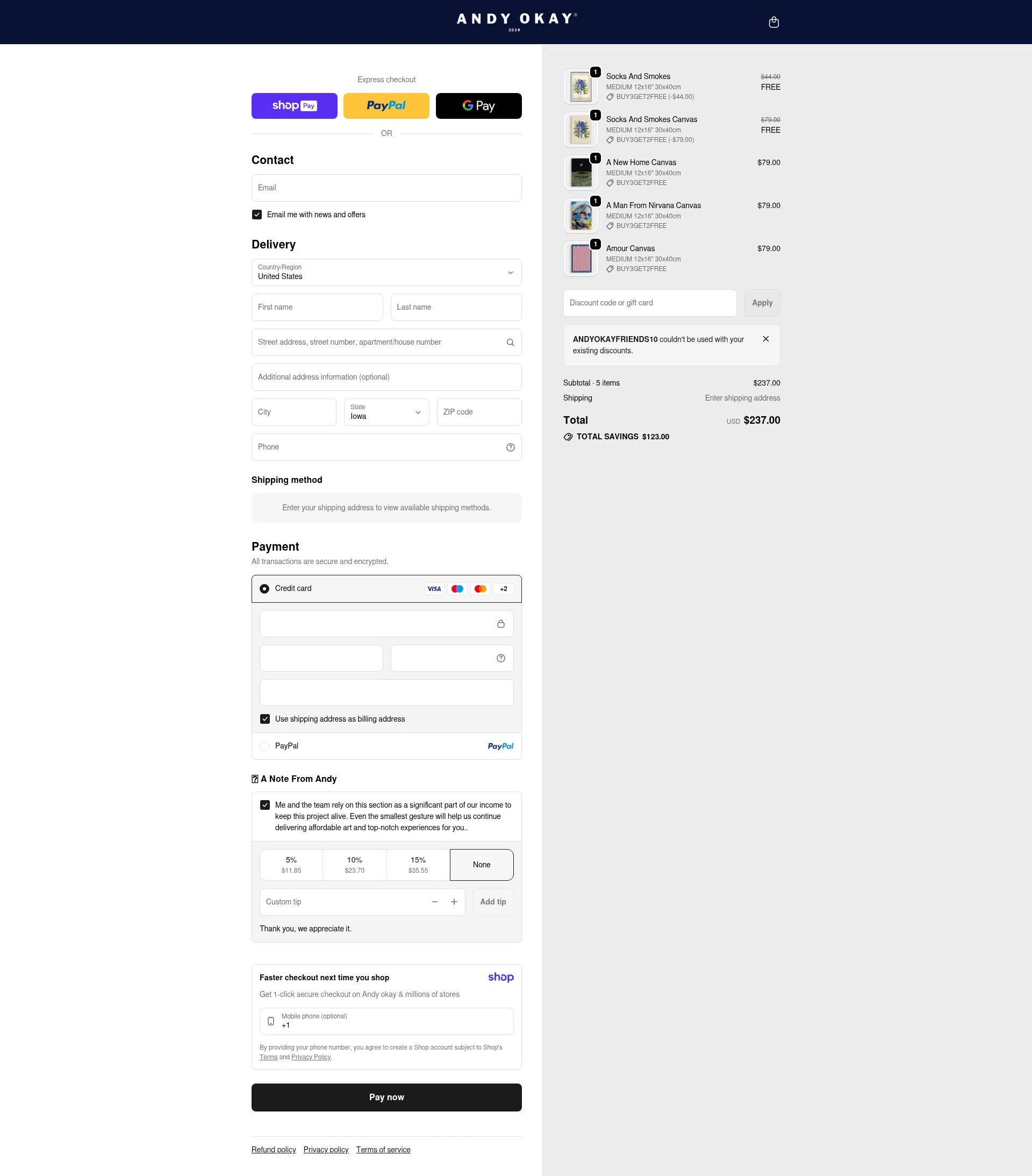 Andy okay checkout page showing Andy okay discount code box | Screenshot taken by SimplyCodes community member on Jan 12, 2026