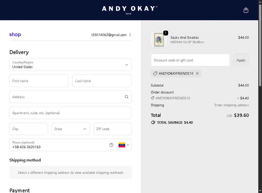 Andy okay checkout page showing Andy okay discount code box | Screenshot taken by SimplyCodes community member on Dec 28, 2025
