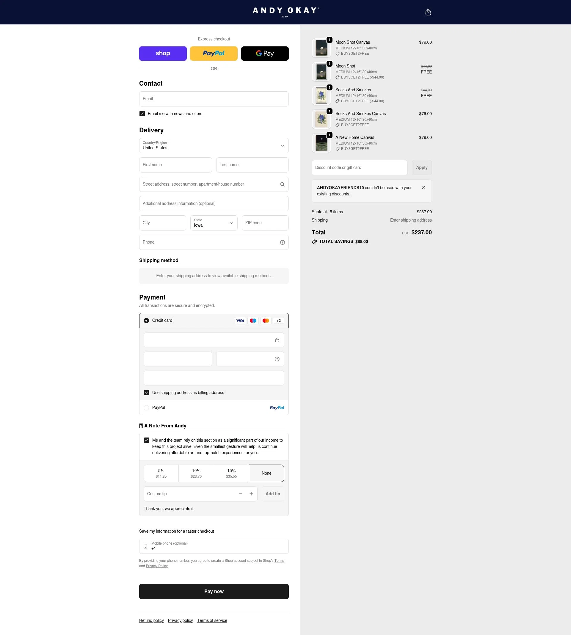 Andy okay checkout page showing Andy okay discount code box | Screenshot taken by SimplyCodes community member on Jan 31, 2026