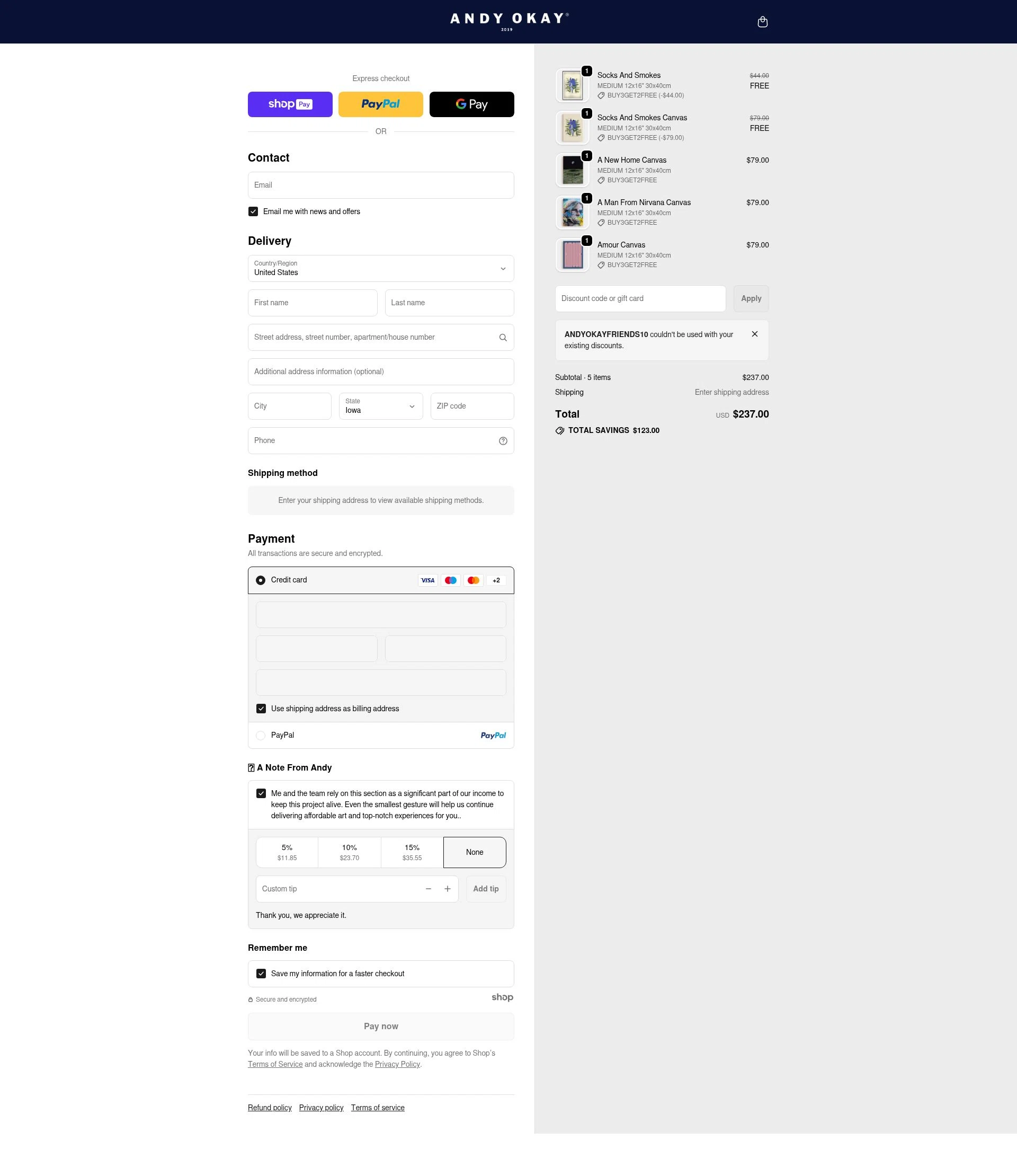 Andy okay checkout page showing Andy okay discount code box | Screenshot taken by SimplyCodes community member on Jan 7, 2026