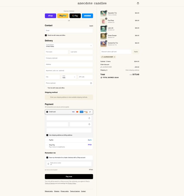 Anecdote Candles checkout page showing Anecdote Candles promo code box | Screenshot taken by SimplyCodes community member on Sep 3, 2025