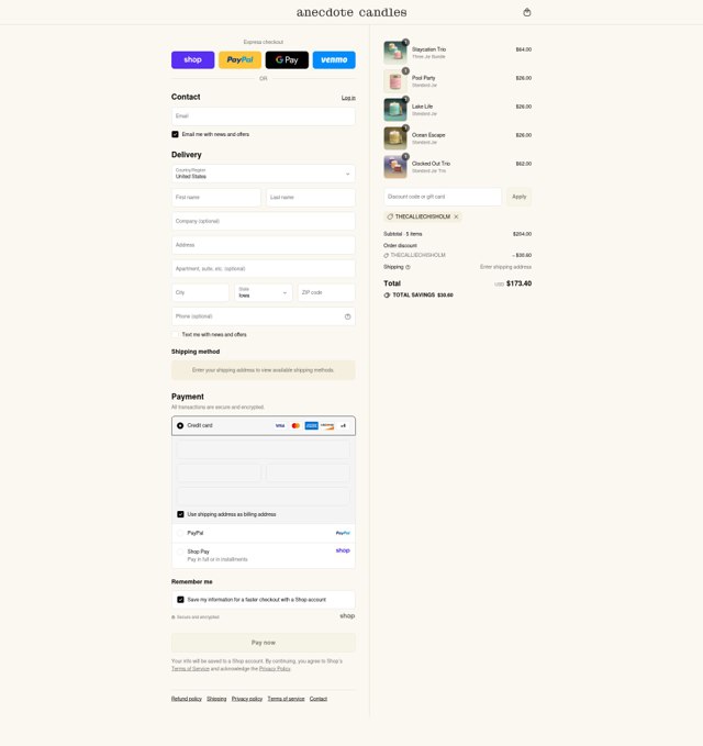 Anecdote Candles checkout page showing Anecdote Candles promo code box | Screenshot taken by SimplyCodes community member on Sep 3, 2025