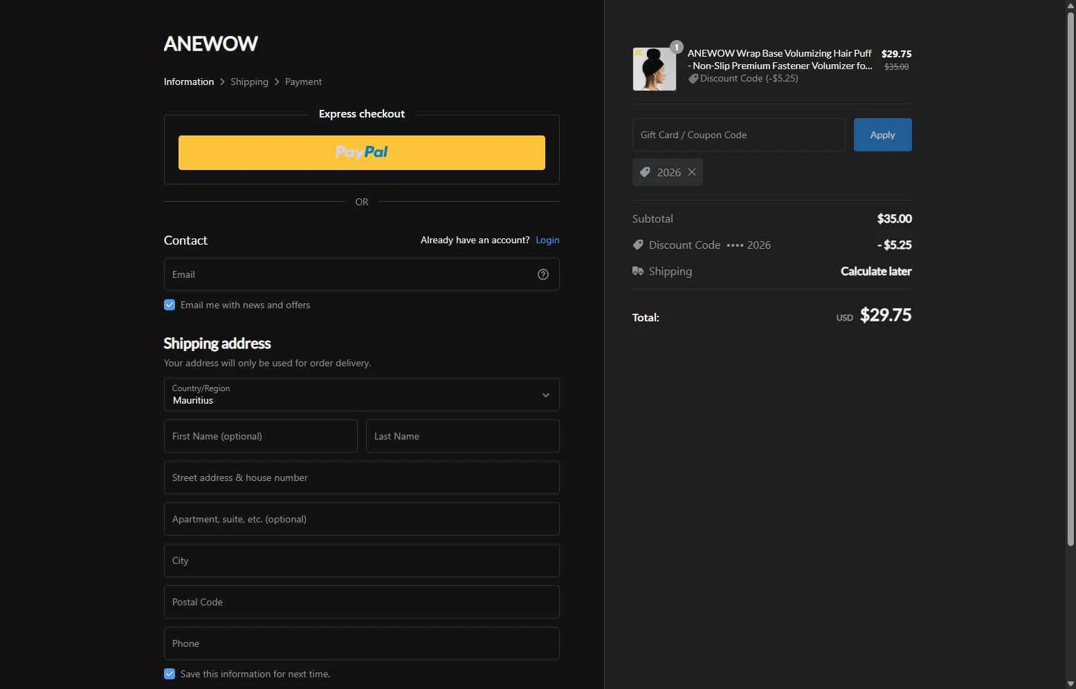 Anewow checkout page showing Anewow discount code box | Screenshot taken by SimplyCodes community member on Feb 12, 2026