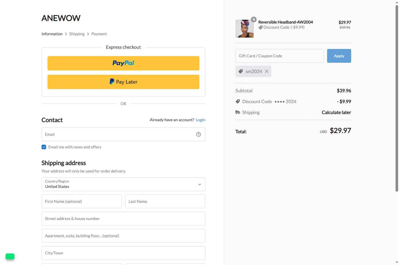 Anewow checkout page showing Anewow discount code box | Screenshot taken by SimplyCodes community member on Oct 6, 2025