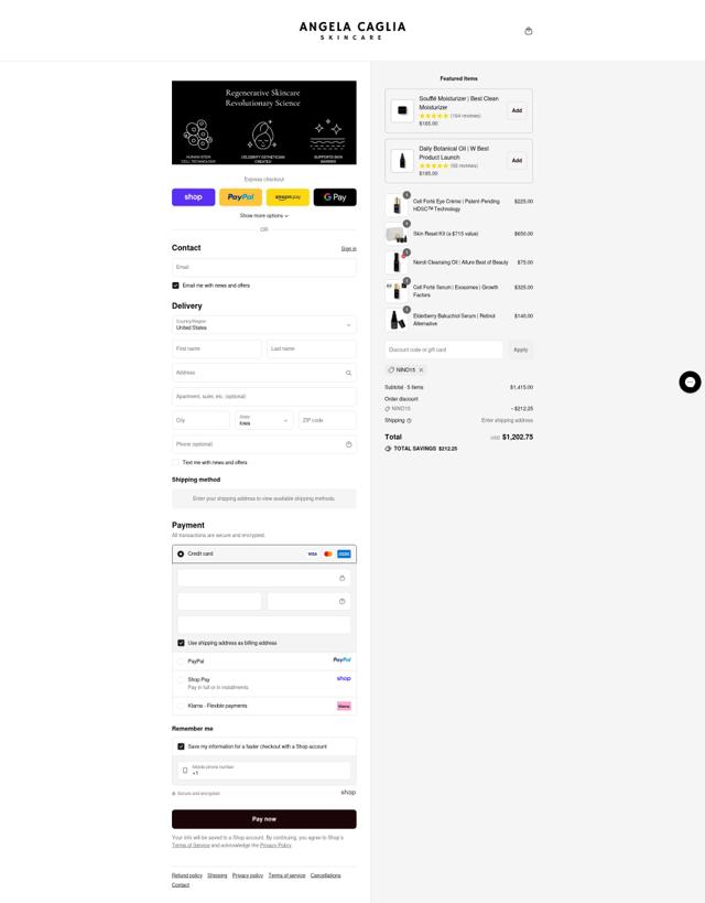 Angela Caglia checkout page showing Angela Caglia discount code box | Screenshot taken by SimplyCodes community member on Sep 11, 2025
