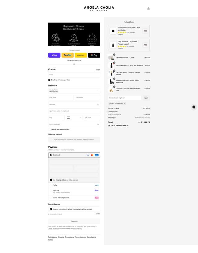 Angela Caglia checkout page showing Angela Caglia discount code box | Screenshot taken by SimplyCodes community member on Sep 8, 2025