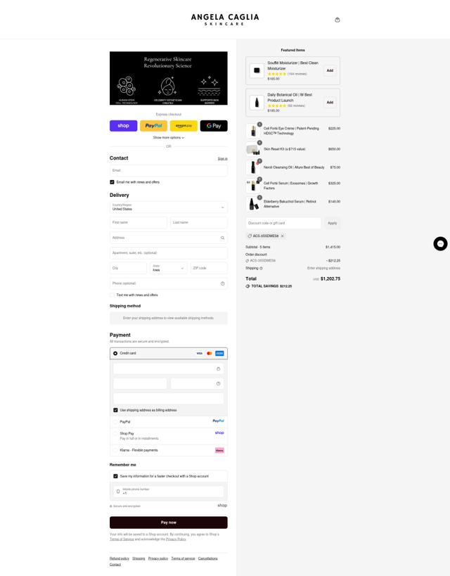 Angela Caglia checkout page showing Angela Caglia discount code box | Screenshot taken by SimplyCodes community member on Sep 11, 2025