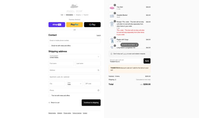 Angel Dear checkout page showing Angel Dear coupon code box | Screenshot taken by SimplyCodes community member on Aug 27, 2025