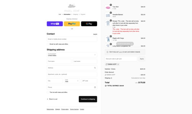 Angel Dear checkout page showing Angel Dear coupon code box | Screenshot taken by SimplyCodes community member on Aug 27, 2025