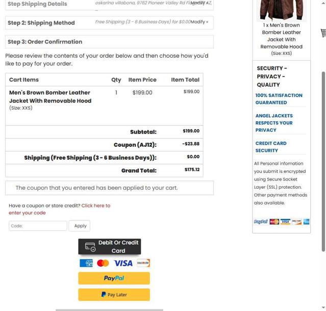 Angel Jackets checkout page showing Angel Jackets coupon code box | Screenshot taken by SimplyCodes community member on Sep 11, 2025