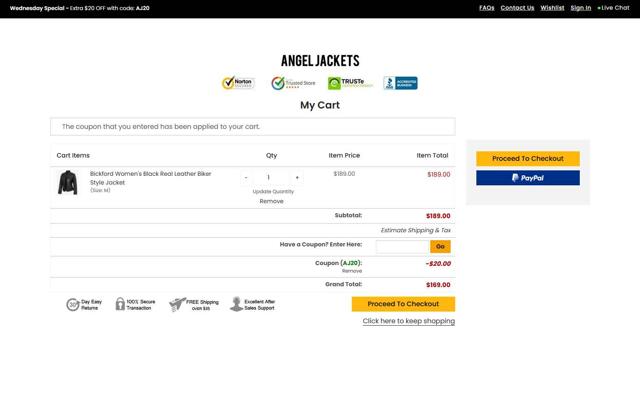 Angel Jackets checkout page showing Angel Jackets coupon code box | Screenshot taken by SimplyCodes community member on Sep 11, 2025