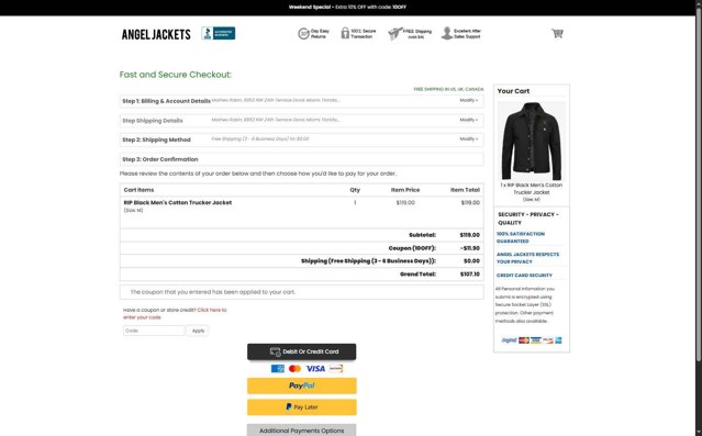 Angel Jackets checkout page showing Angel Jackets coupon code box | Screenshot taken by SimplyCodes community member on Aug 16, 2025