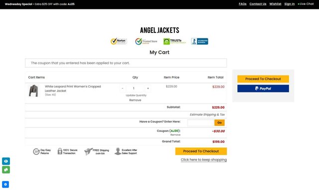 Angel Jackets checkout page showing Angel Jackets coupon code box | Screenshot taken by SimplyCodes community member on Aug 20, 2025