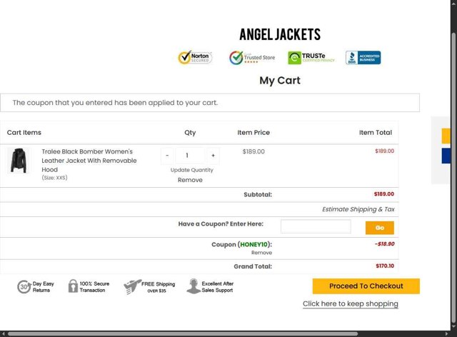 Angel Jackets checkout page showing Angel Jackets coupon code box | Screenshot taken by SimplyCodes community member on Aug 9, 2025