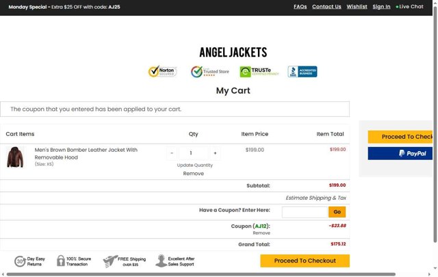 Angel Jackets checkout page showing Angel Jackets coupon code box | Screenshot taken by SimplyCodes community member on Aug 4, 2025