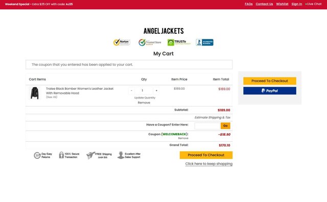 Angel Jackets checkout page showing Angel Jackets coupon code box | Screenshot taken by SimplyCodes community member on Aug 9, 2025