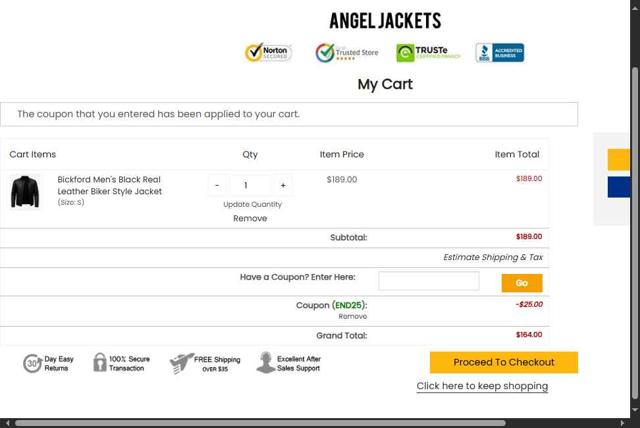 Angel Jackets checkout page showing Angel Jackets coupon code box | Screenshot taken by SimplyCodes community member on Aug 23, 2025