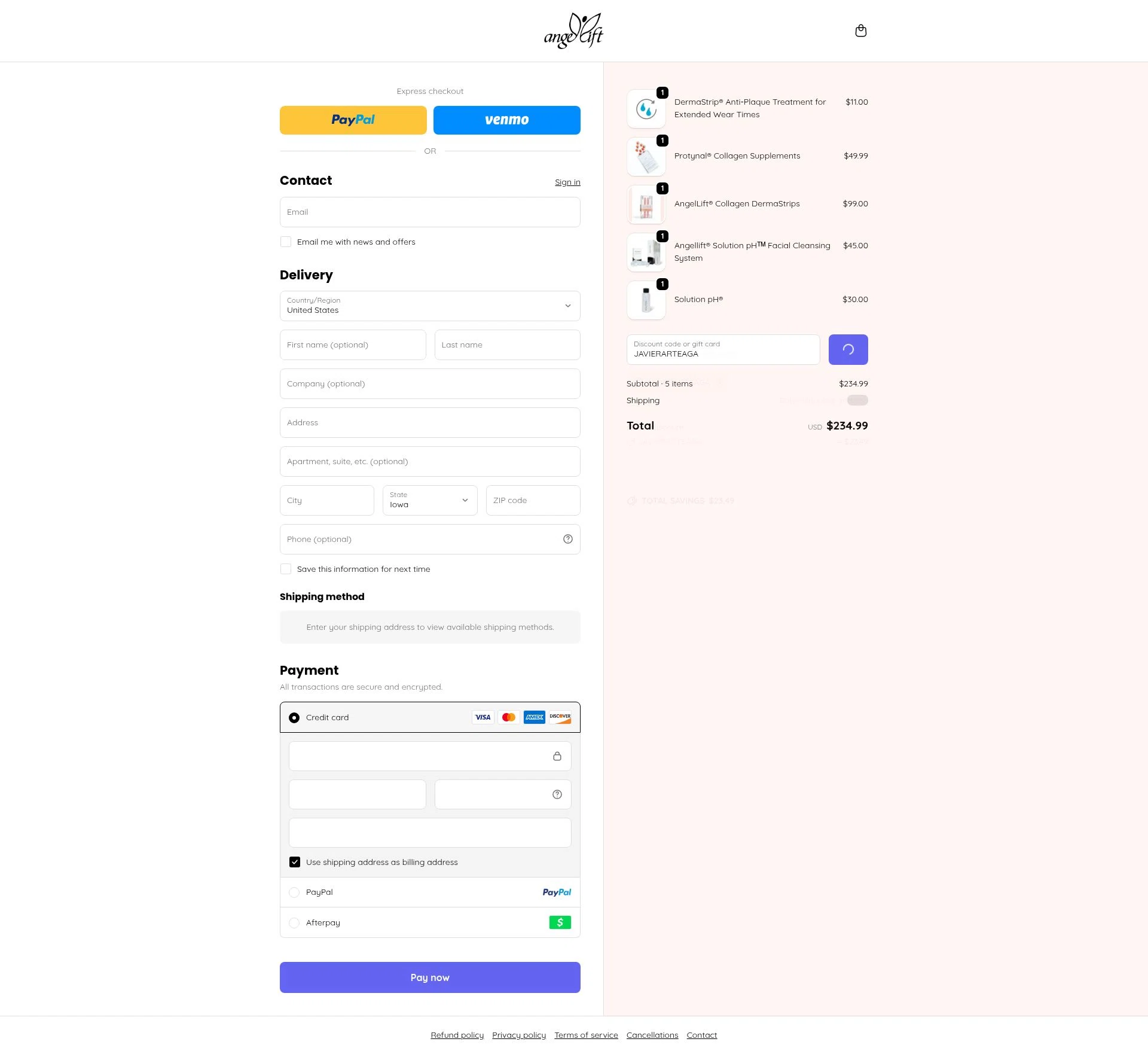 AngelLift checkout page showing AngelLift discount code box | Screenshot taken by SimplyCodes community member on Feb 20, 2026