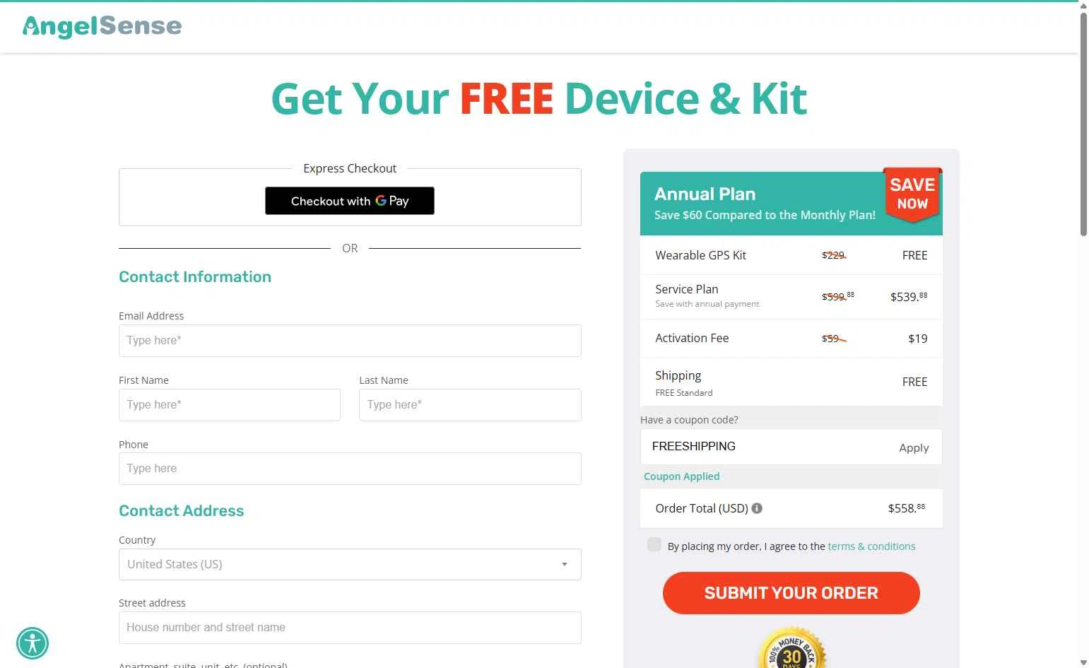 AngelSense checkout page showing AngelSense coupon code box | Screenshot taken by SimplyCodes community member on Dec 20, 2025