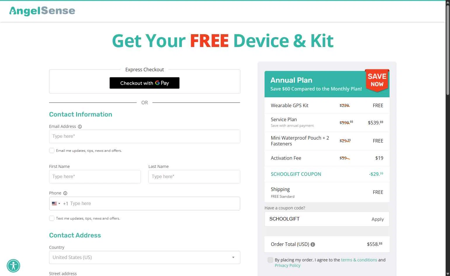 AngelSense checkout page showing AngelSense coupon code box | Screenshot taken by SimplyCodes community member on Jan 18, 2026
