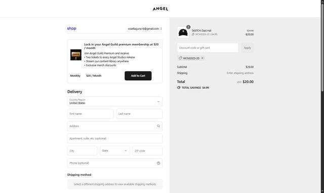 Angel Studios checkout page showing Angel Studios promo code box | Screenshot taken by SimplyCodes community member on Sep 13, 2025