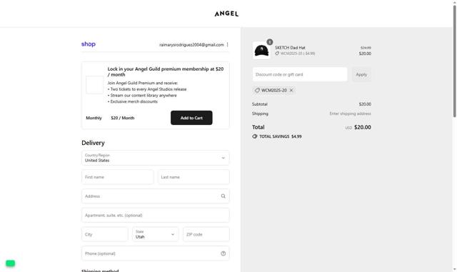 Angel Studios checkout page showing Angel Studios promo code box | Screenshot taken by SimplyCodes community member on Sep 10, 2025
