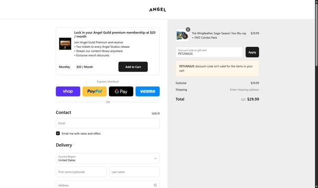 Angel Studios checkout page showing Angel Studios promo code box | Screenshot taken by SimplyCodes community member on Sep 8, 2025