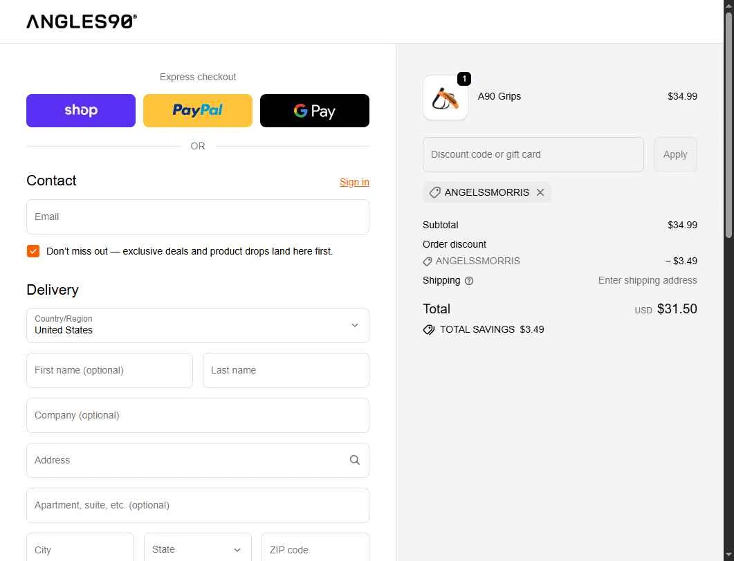 Angles90 checkout page showing Angles90 discount code box | Screenshot taken by SimplyCodes community member on Feb 11, 2026
