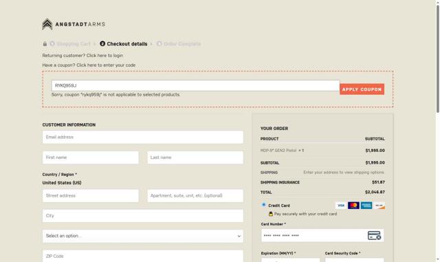 Angstadt Arms checkout page showing Angstadt Arms coupon code box | Screenshot taken by SimplyCodes community member on Sep 3, 2025