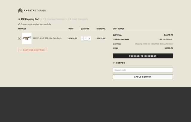 Angstadt Arms checkout page showing Angstadt Arms coupon code box | Screenshot taken by SimplyCodes community member on Jun 10, 2025