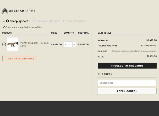 Angstadt Arms checkout page showing Angstadt Arms coupon code box | Screenshot taken by SimplyCodes community member on Jun 10, 2025