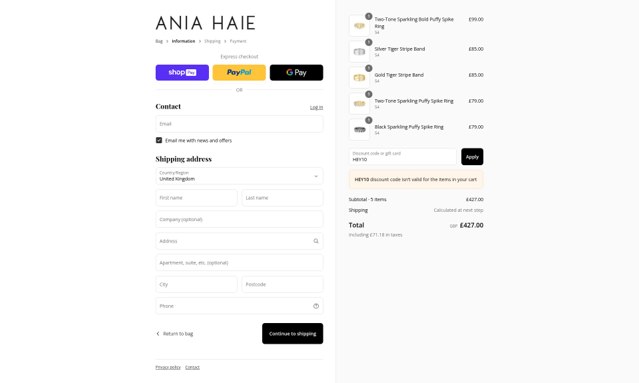 Ania Haie checkout page showing Ania Haie promo code box | Screenshot taken by SimplyCodes community member on Aug 27, 2025