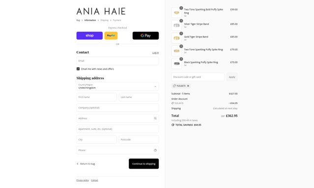 Ania Haie checkout page showing Ania Haie promo code box | Screenshot taken by SimplyCodes community member on Sep 4, 2025