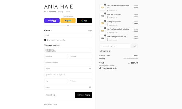 Ania Haie checkout page showing Ania Haie promo code box | Screenshot taken by SimplyCodes community member on Aug 27, 2025