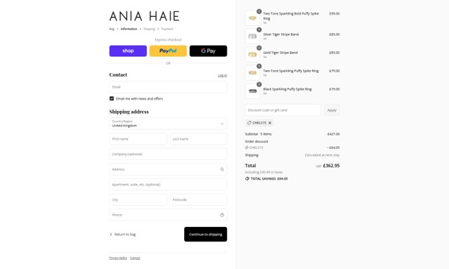 Ania Haie checkout page showing Ania Haie promo code box | Screenshot taken by SimplyCodes community member on Sep 4, 2025