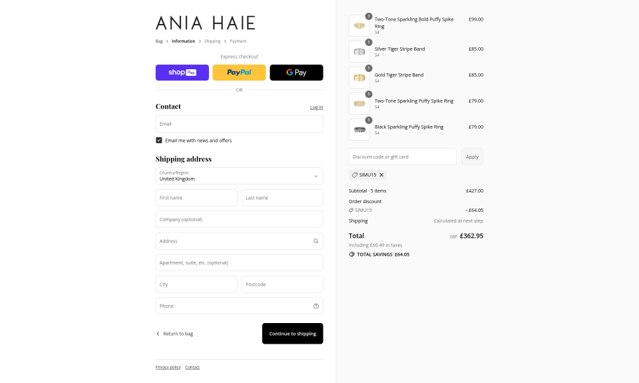 Ania Haie checkout page showing Ania Haie promo code box | Screenshot taken by SimplyCodes community member on Aug 27, 2025