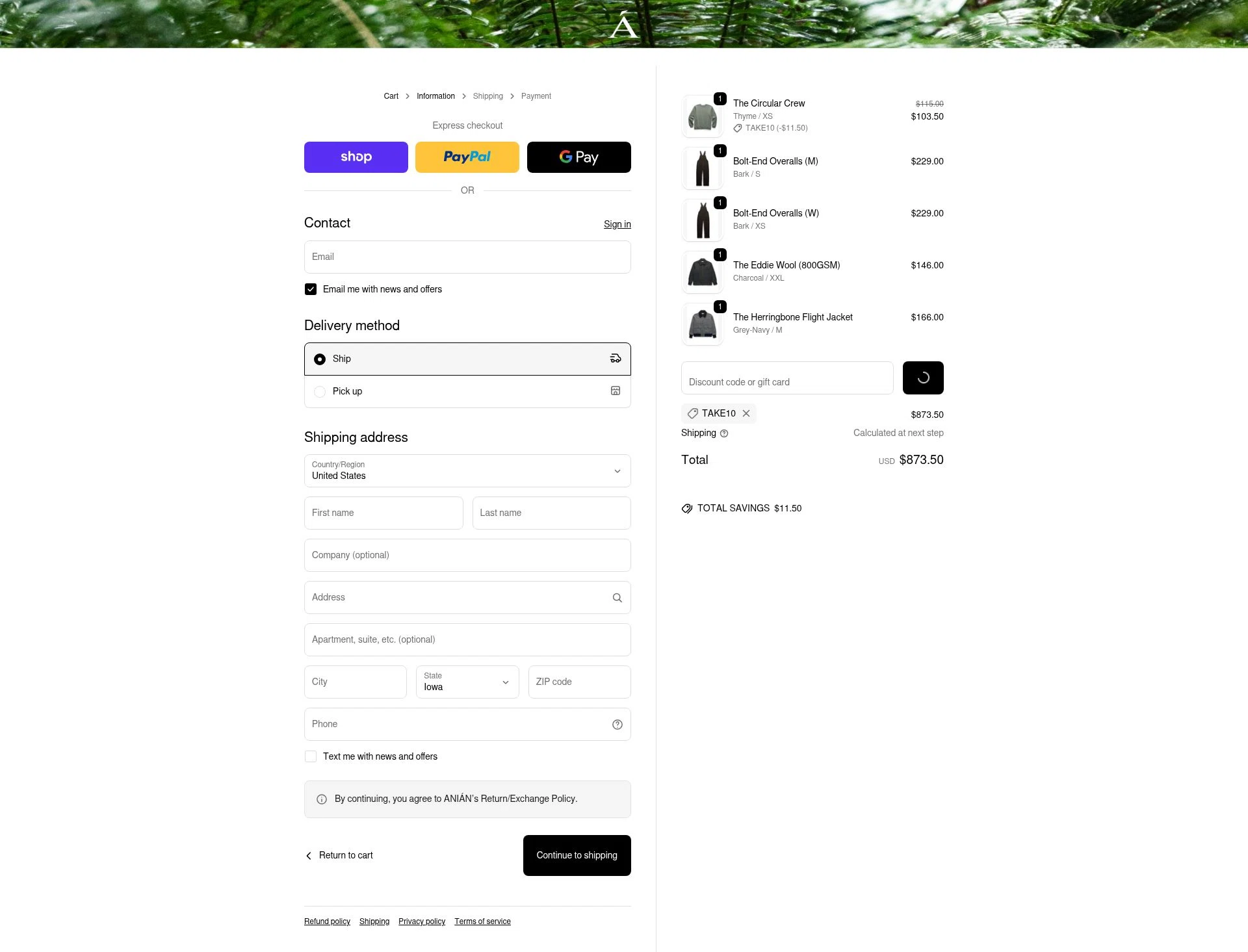 Anian checkout page showing Anian discount code box | Screenshot taken by SimplyCodes community member on Feb 1, 2026