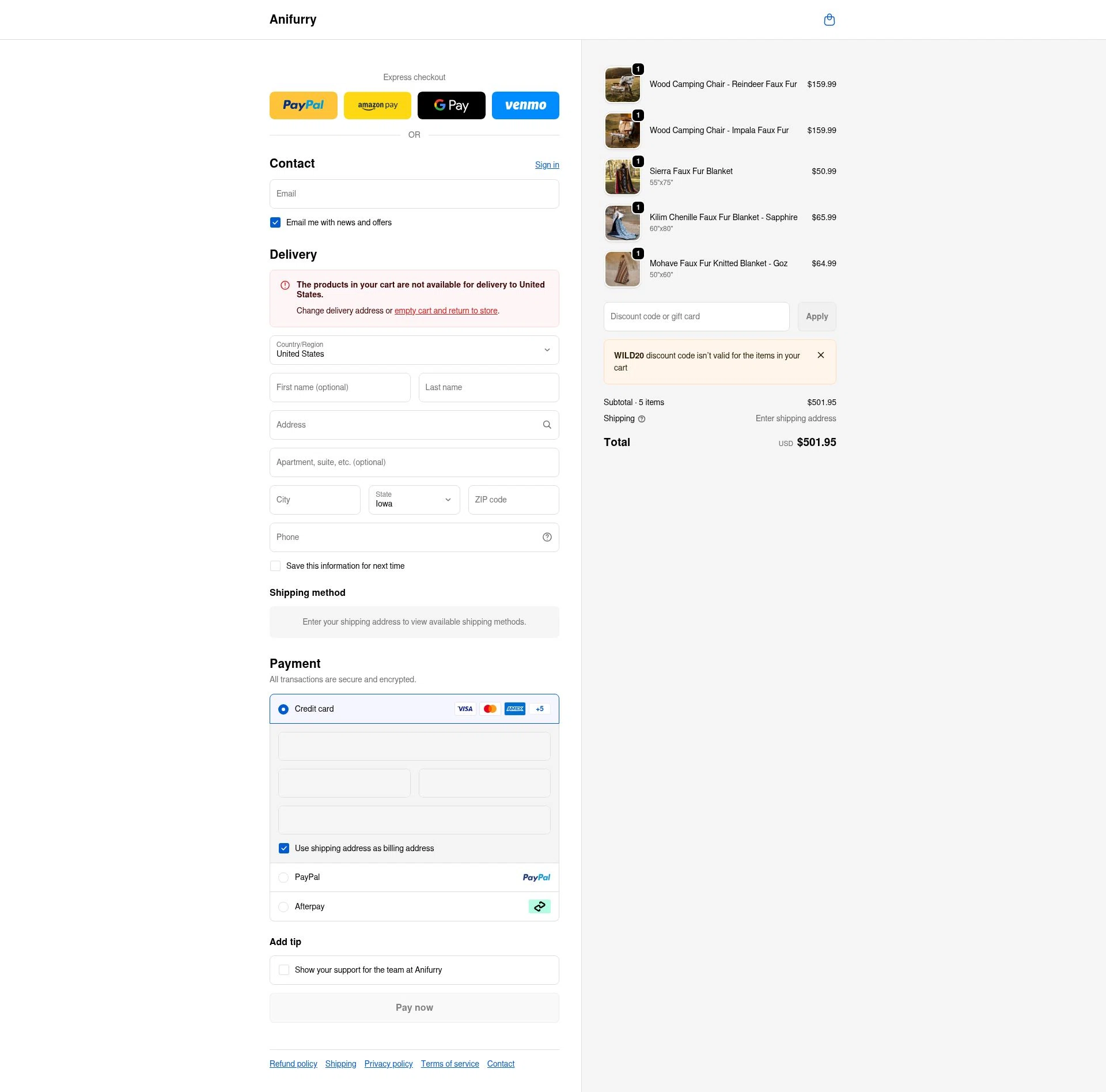 Anifurry checkout page showing Anifurry discount code box | Screenshot taken by SimplyCodes community member on Jan 3, 2026