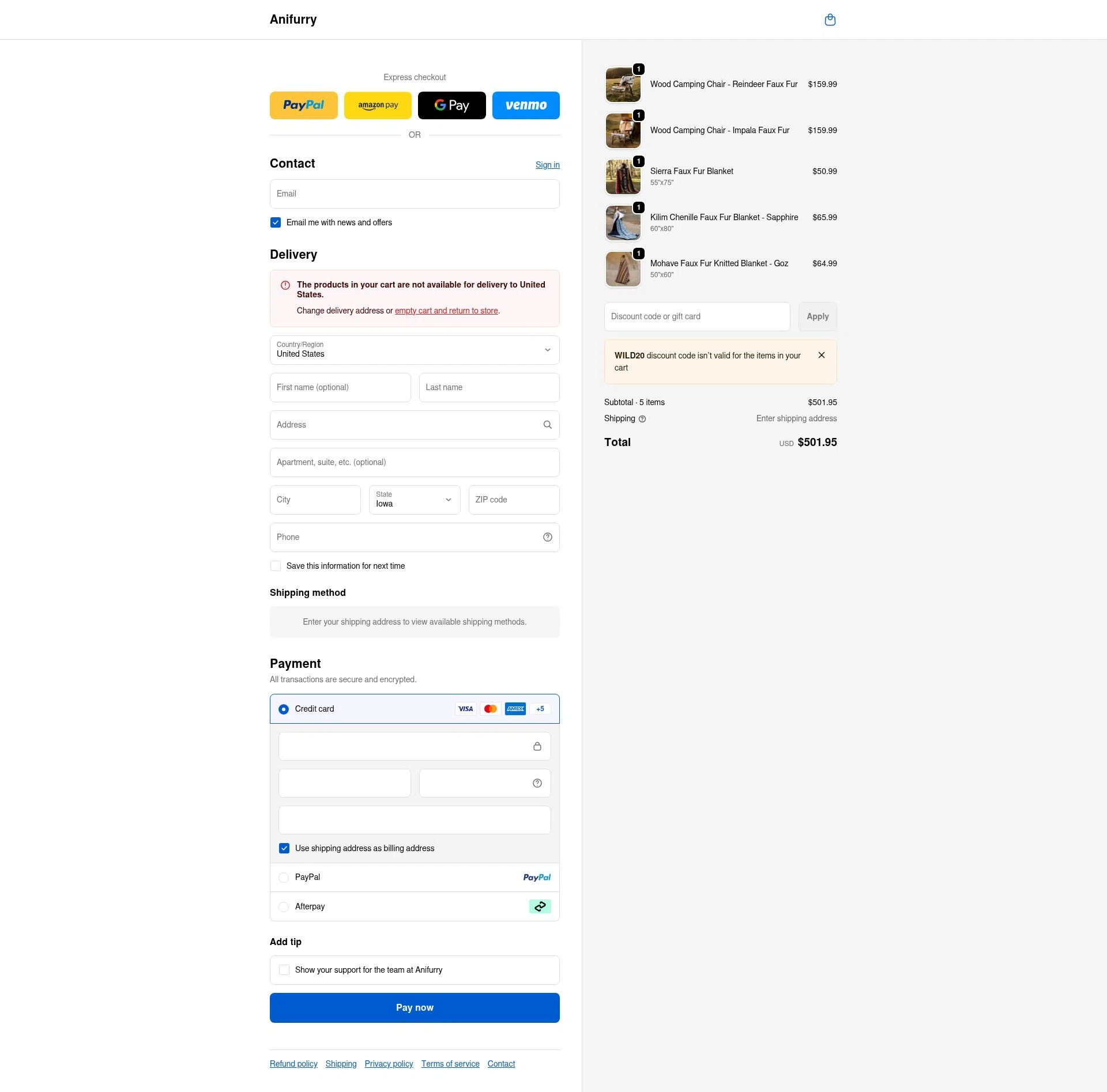 Anifurry checkout page showing Anifurry discount code box | Screenshot taken by SimplyCodes community member on Jan 8, 2026